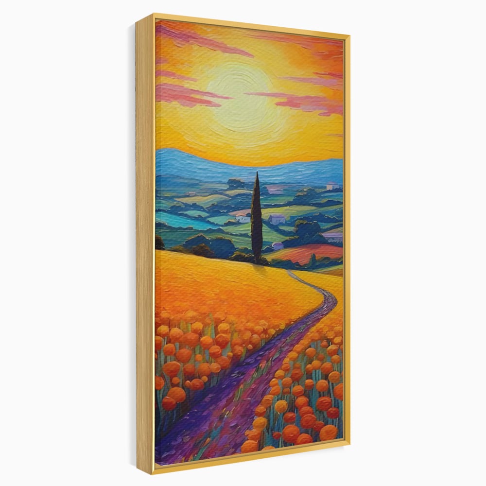 Tablou canvas cu pictura peisaj cu drum si chiparos, in rama de aluminiu auriu